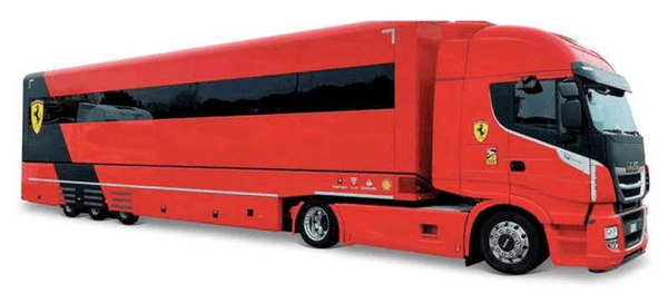 Burago 1/43 F1 Ferrari Iveco S-Way 570 Racing Transporter with One Car Diecast Model