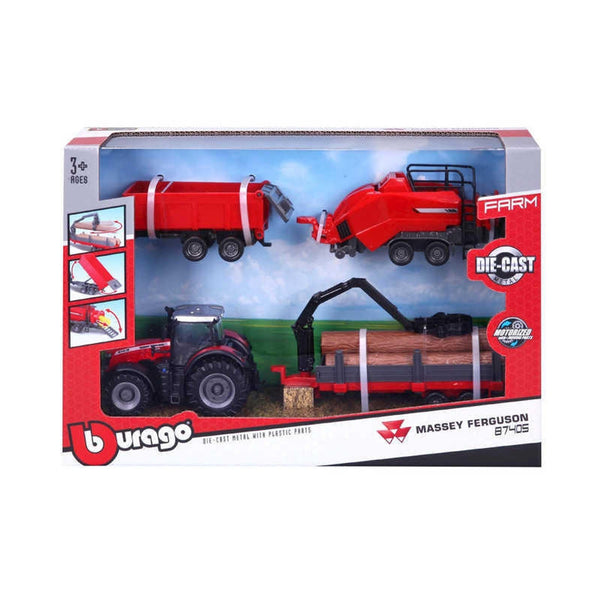 Burago Massey Ferguson 8740S Farm Tractor With Three Trailers