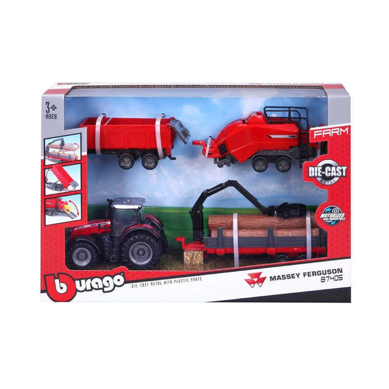 Burago Massey Ferguson 8740S Farm Tractor With Three Trailers