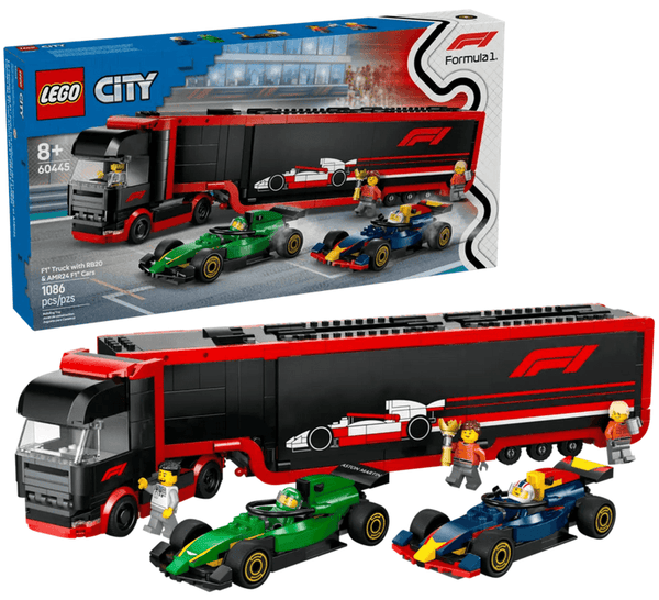 Lego City Formula 1 Truck with Red Bull RB20 and Aston Martin AMR24 Race Cars